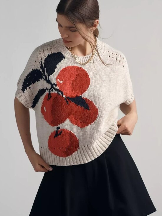 Anthropologie Sweaters - Anthropologie Maeve Short-Sleeve Veggie Motif Graphic Sweater Apples XL NWT